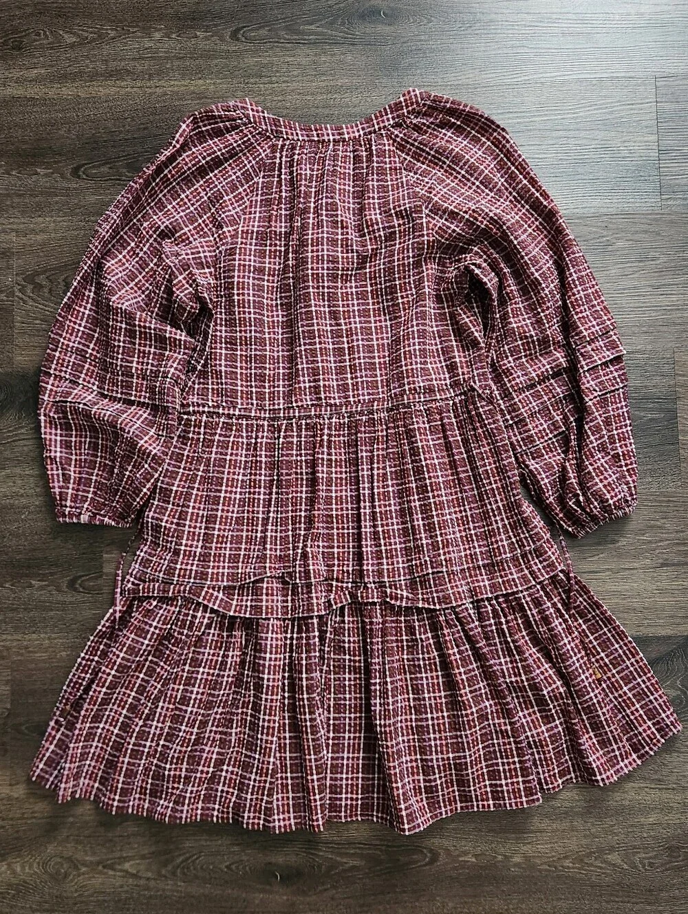 NWOT Madewell Burgundy Plaid Tiered Long-Sleeve Dress, Size S